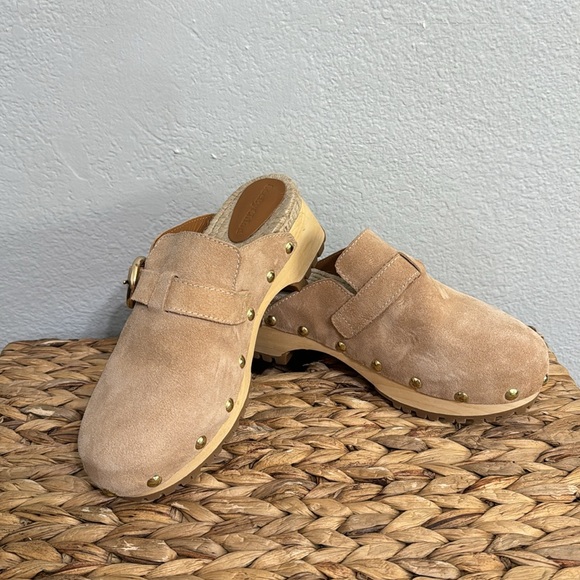 Tan Suede Clogs with Gold Buckle - Picture 6 of 7